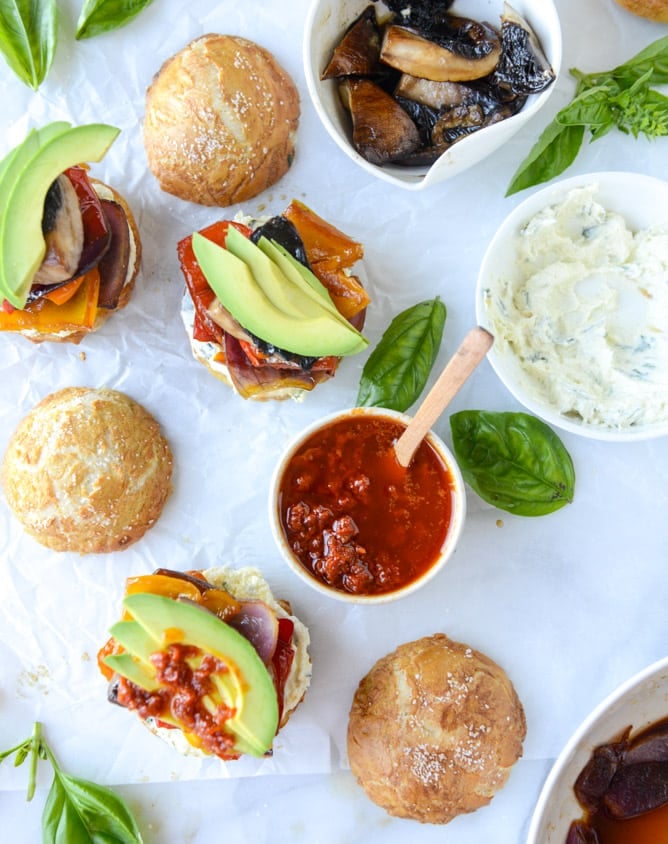 grilled veggie sliders on homemade pretzel buns I howsweeteats.com