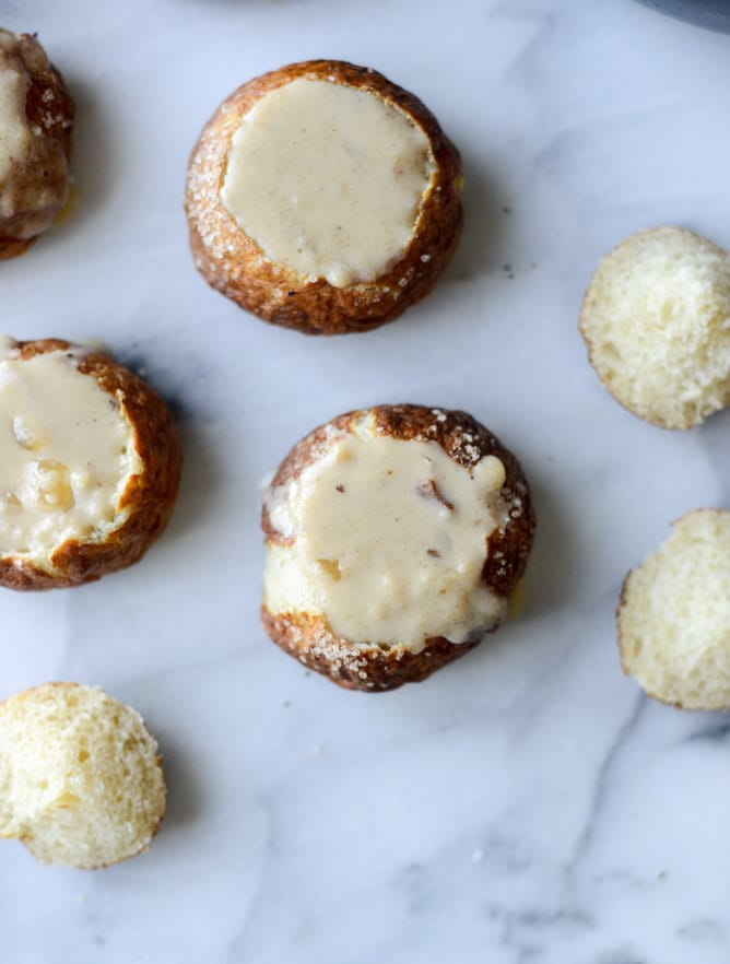 cider cheese soup shooters in mini pretzel bread bowls I howsweeteats.com