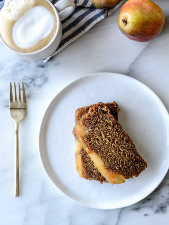 caramelized upside down pear bread I howsweeteats.com