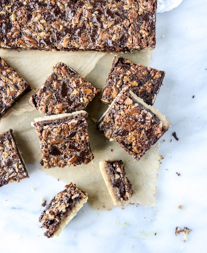 salted chocolate pecan pie bars I howsweeteats.com