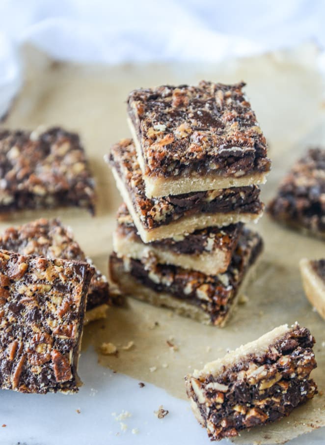 salted chocolate pecan pie bars I howsweeteats.com
