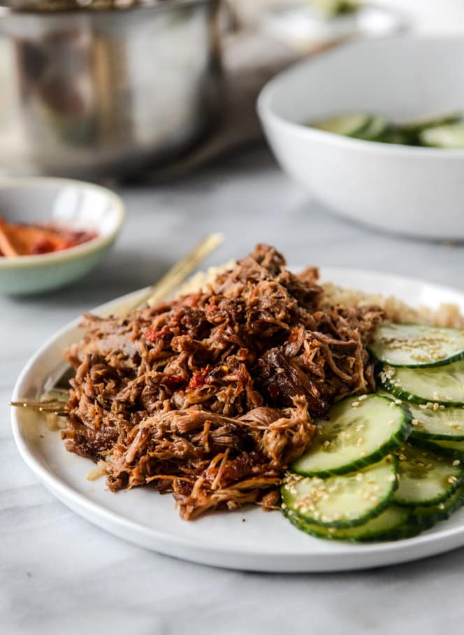 slow cooker sweet and spicy pork shoulder I howsweeteats.com