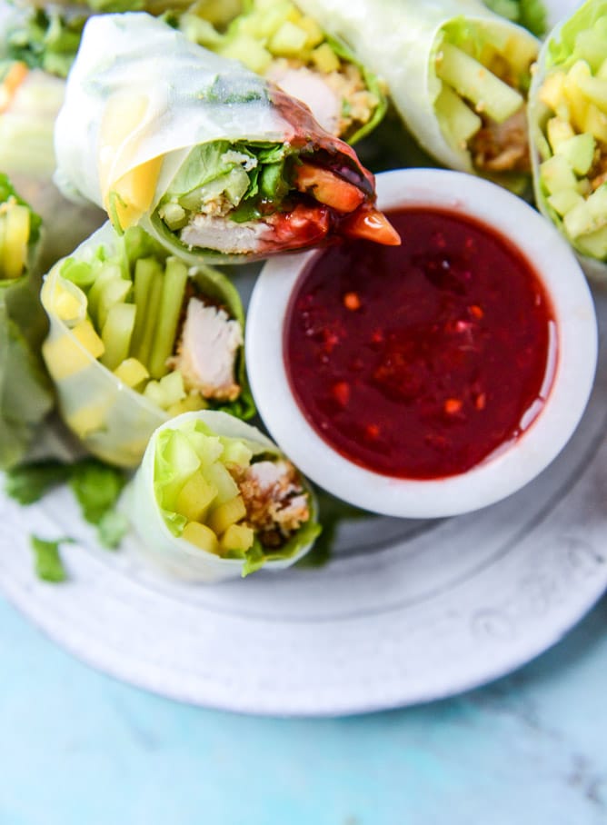crunchy chicken spring rolls with blood orange dipping sauce I howsweeteats.com