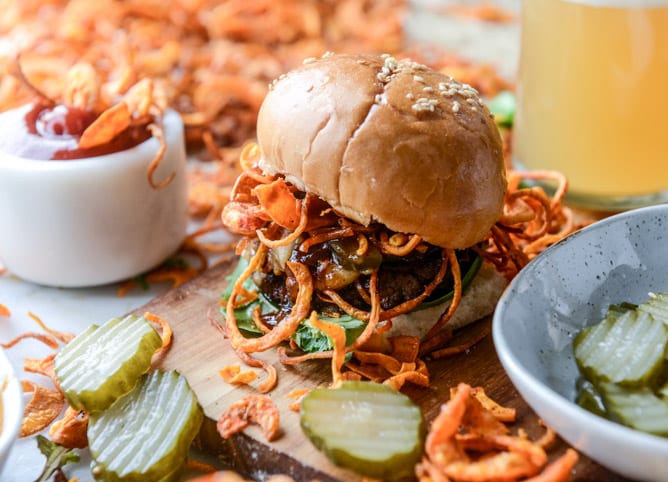 BBQ havarti burgers with sweet potato curly fries I howsweeteats.com