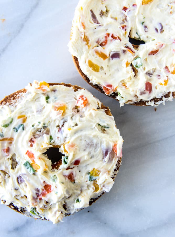 homemade roasted veggie cream cheese and a perfect lox bagel I howsweeteats.com