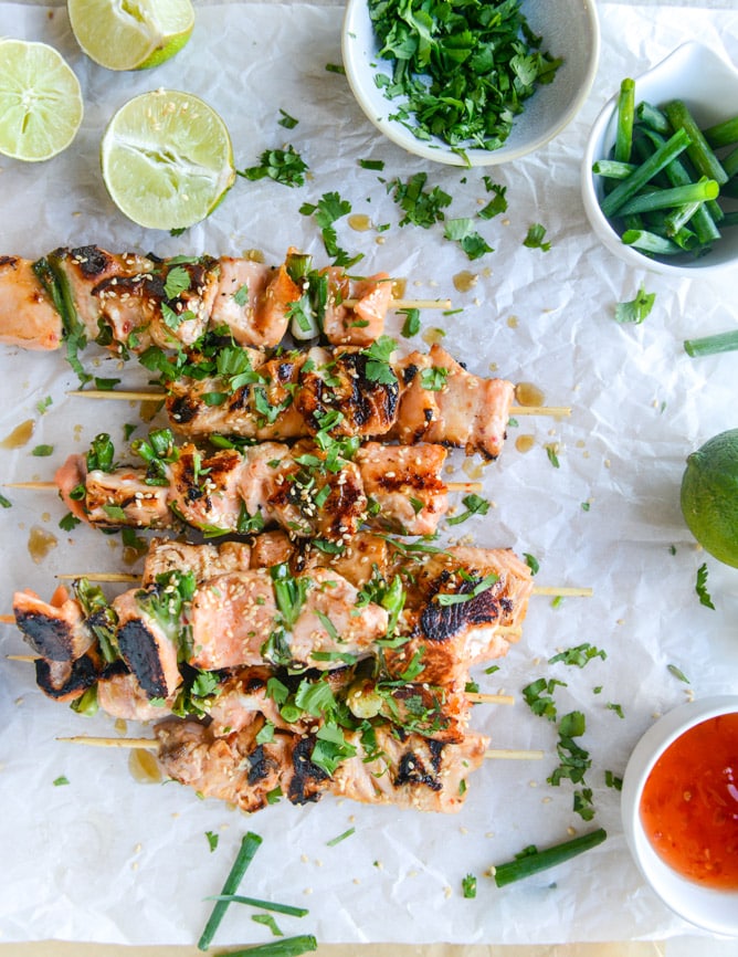 30 minute sweet thai chili salmon skewers I howsweeteats.com