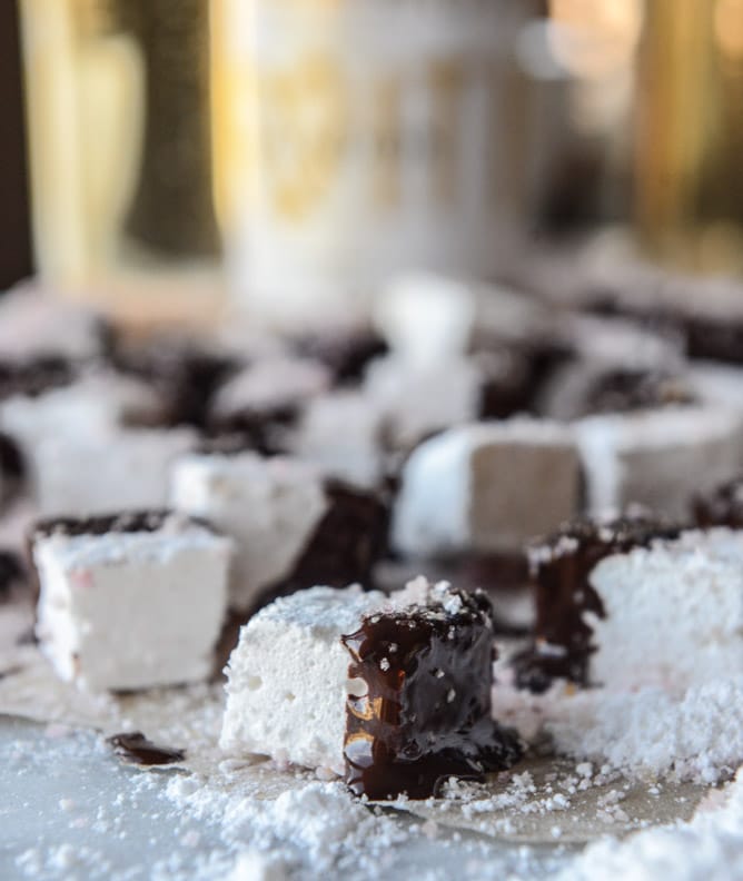 chocolate dipped champagne marshmallows with blood orange sugar I howsweeteats.com