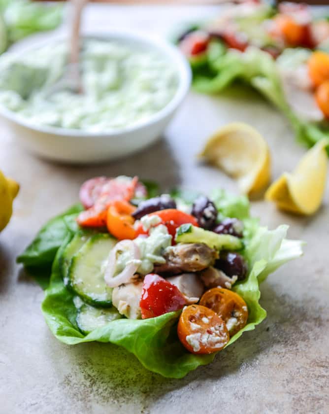greek chicken lettuce cups with avocado tzatziki I howsweeteats.com