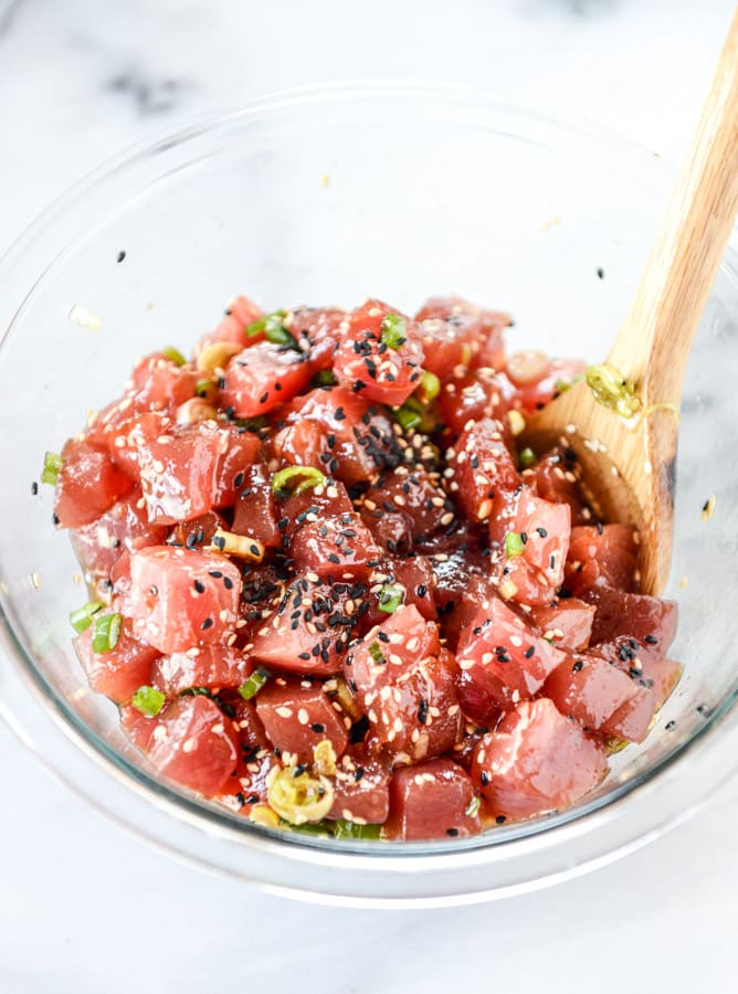 ahi poke bowl with avocado and pineapple I howsweeteats.com