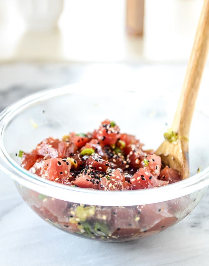 ahi poke bowl with avocado and pineapple I howsweeteats.com