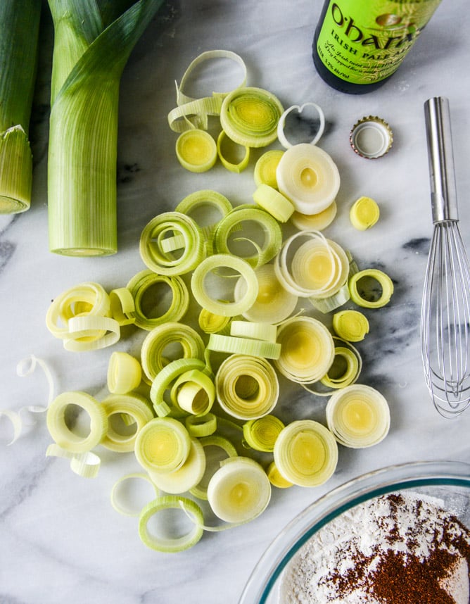 irish ale potato cheddar soup with beer battered leeks I howsweeteats.com