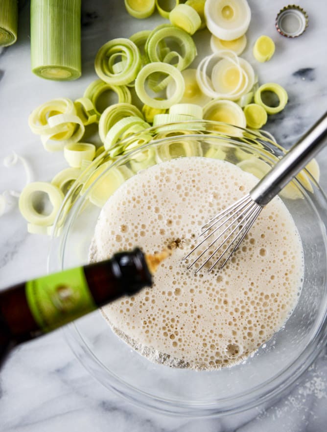 irish ale potato cheddar soup with beer battered leeks I howsweeteats.com