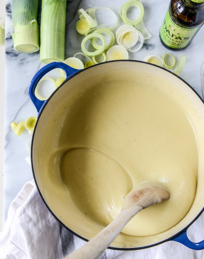 irish ale potato cheddar soup with beer battered leeks I howsweeteats.com