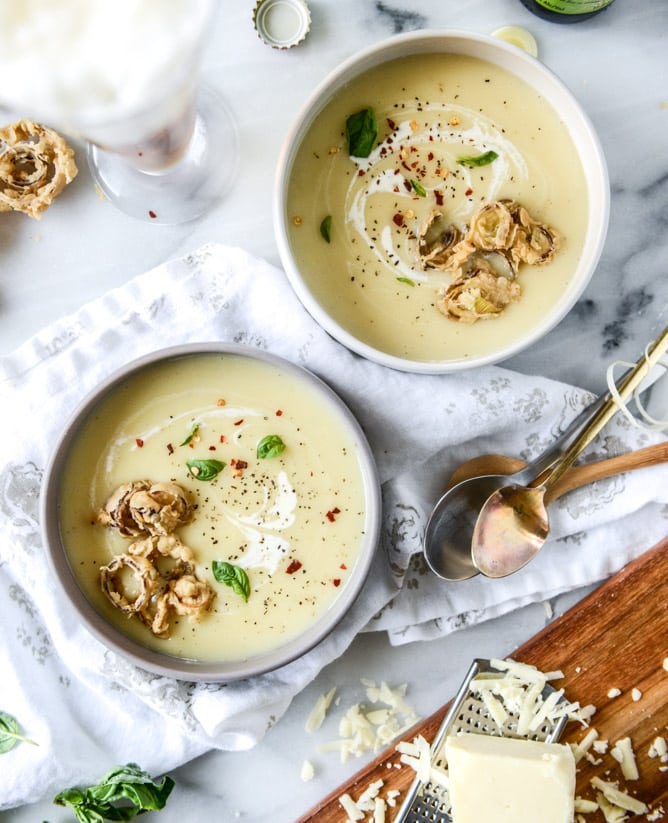 irish ale potato cheddar soup with beer battered leeks I howsweeteats.com