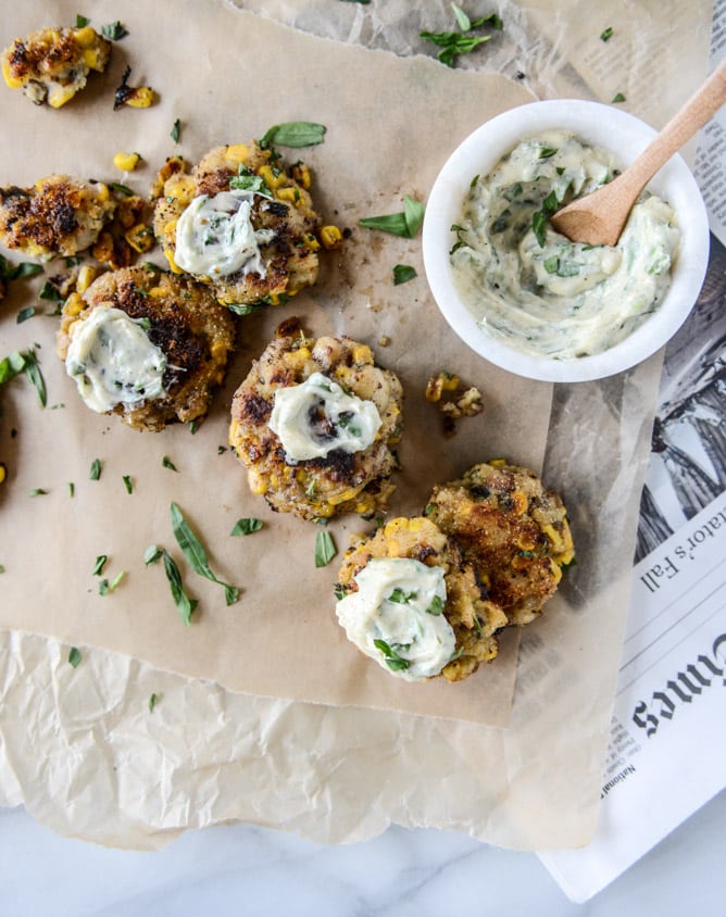 lobster corn fritters with truffle herb mayo I howsweeteats.com