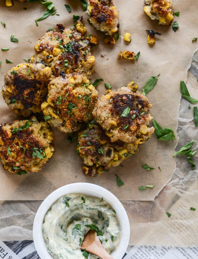 lobster corn fritters with truffle herb mayo I howsweeteats.com