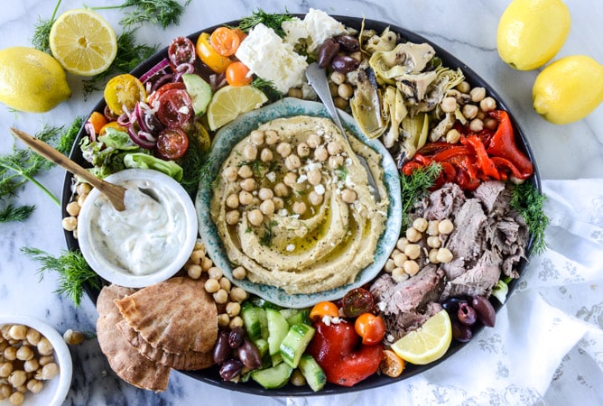 greek marinated flank steak and hummus platter I howsweeteats.com