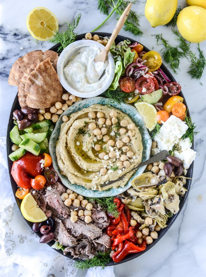 greek marinated flank steak and hummus platter I howsweeteats.com