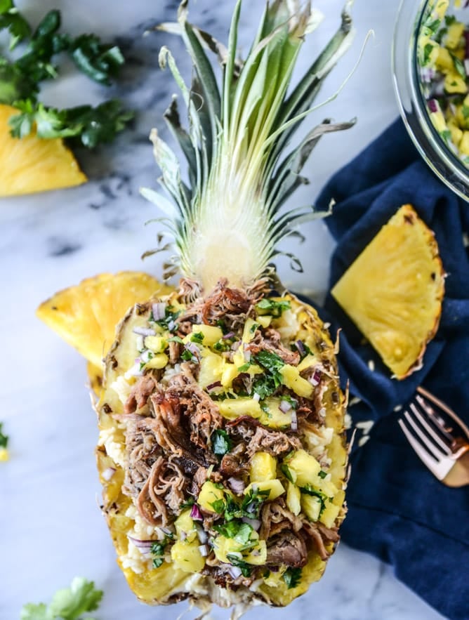 slow cooker jerk pork in pineapple rice bowls I howsweeteats.com