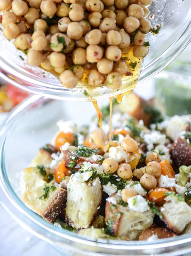 marinated chickpea panzanella with chimichurri I howsweeteats.com