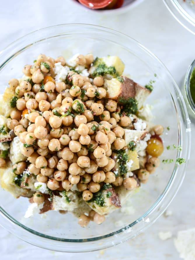 marinated chickpea panzanella with chimichurri I howsweeteats.com