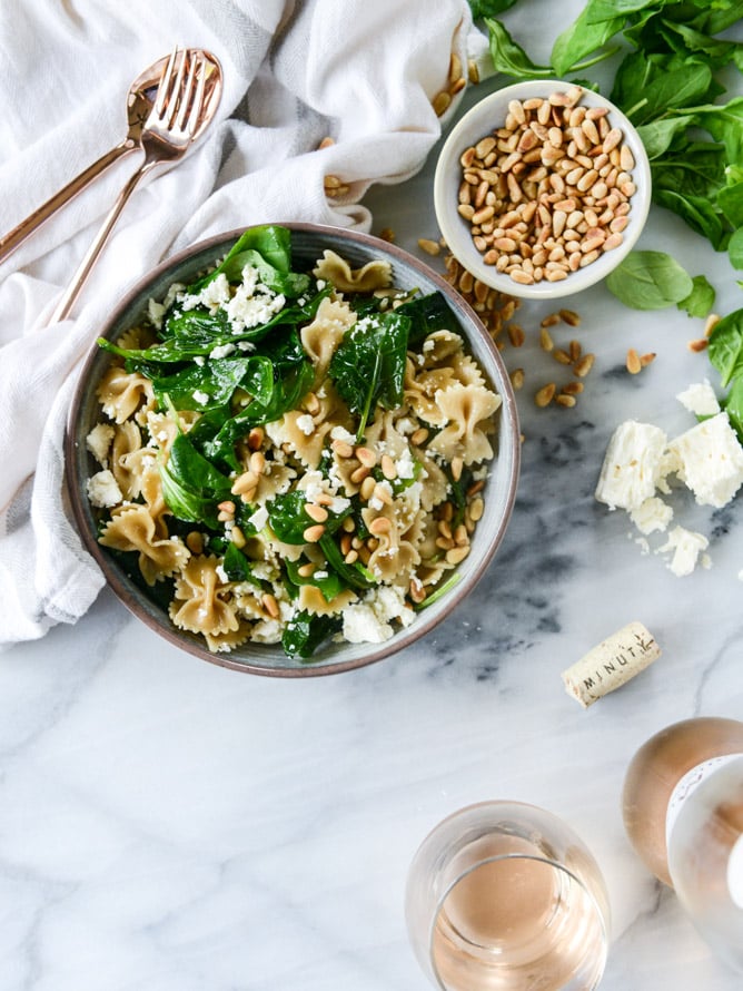farfalle with marinated feta, arugula and toasted pine nuts I howsweeteats.com