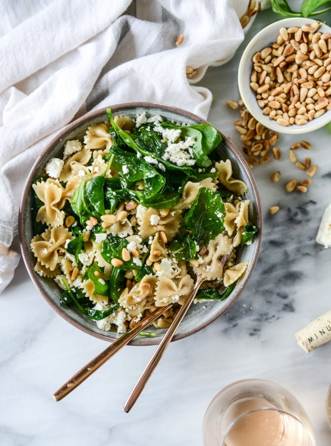 farfalle with marinated feta, arugula and toasted pine nuts I howsweeteats.com