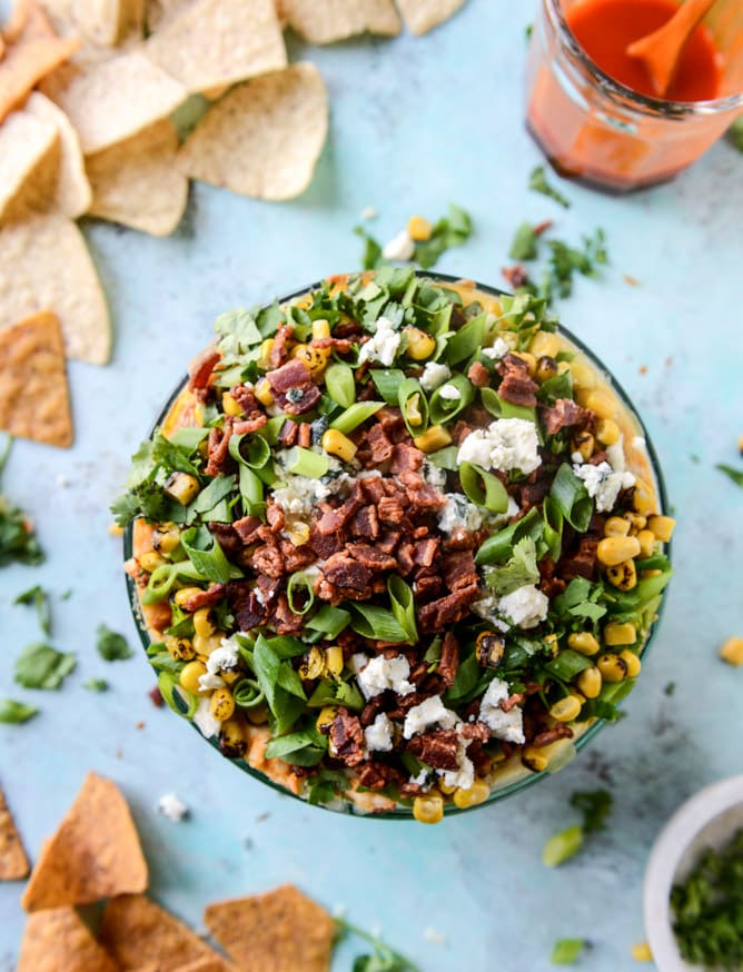 layered buffalo chicken dip I howsweeteats.com
