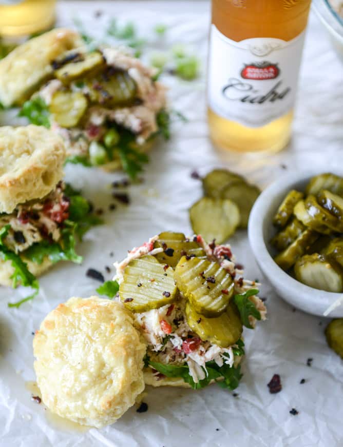 pimento cheese chicken salad on honey butter biscuits I howsweeteats.com