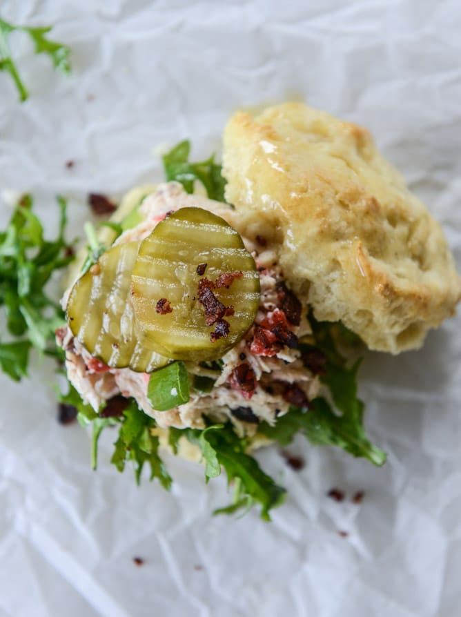 pimento cheese chicken salad on honey butter biscuits I howsweeteats.com