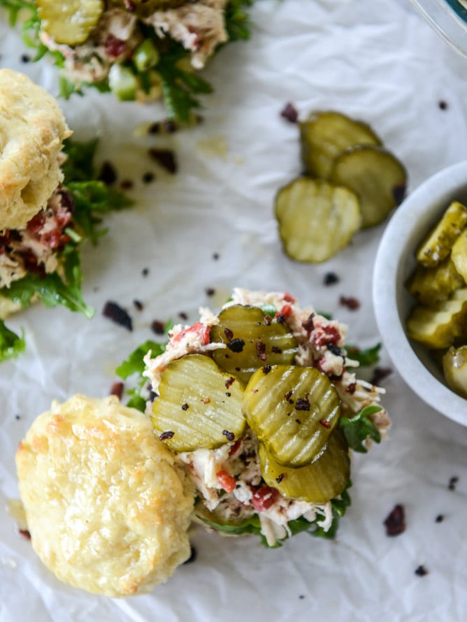 pimento cheese chicken salad on honey butter biscuits I howsweeteats.com