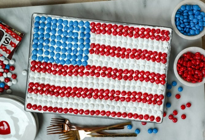 red white and blue poke cake with M&M's I howsweeteats.com