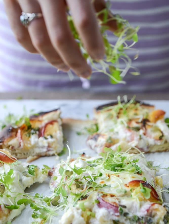 peach ricotta pizza with spicy microgreens I howsweeteats.com