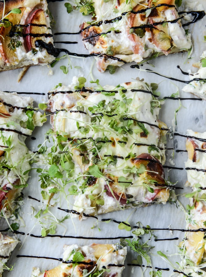peach ricotta pizza with spicy microgreens I howsweeteats.com
