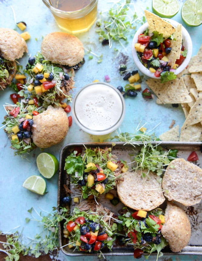 kalua pork sliders with mango blueberry salsa I howsweeteats.com
