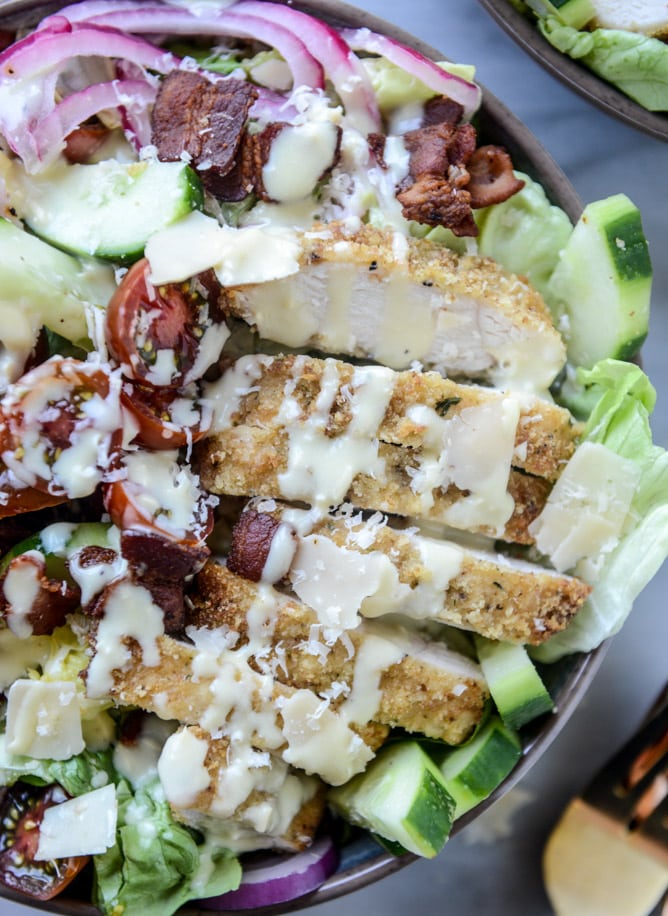parmesan-crusted chicken salad with bacon and pickled onions I howsweeteats.com