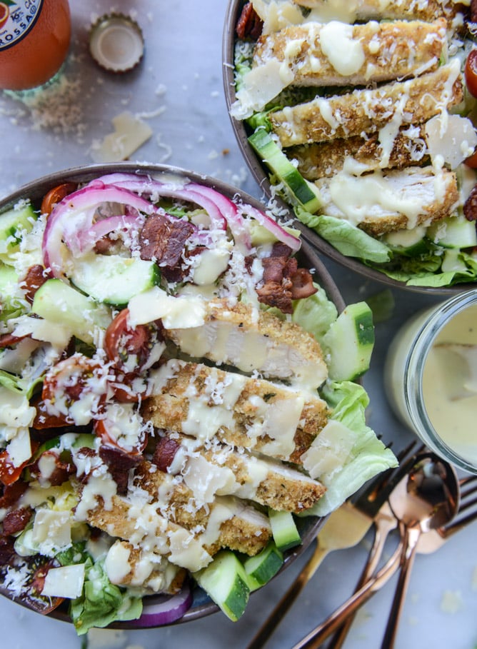 parmesan-crusted chicken salad with bacon and pickled onions I howsweeteats.com