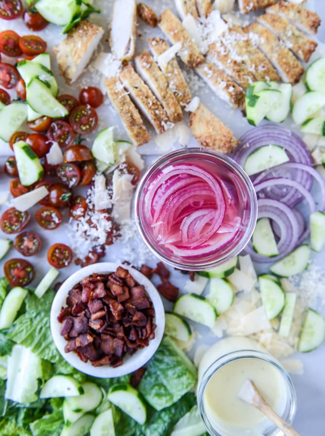 parmesan-crusted chicken salad with bacon and pickled onions I howsweeteats.com