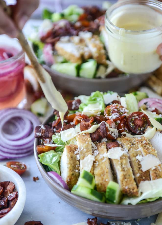 parmesan-crusted chicken salad with bacon and pickled onions I howsweeteats.com