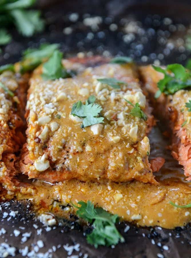 salmon with thai curry peanut sauce and coconut cilantro rice I howsweeteats.com