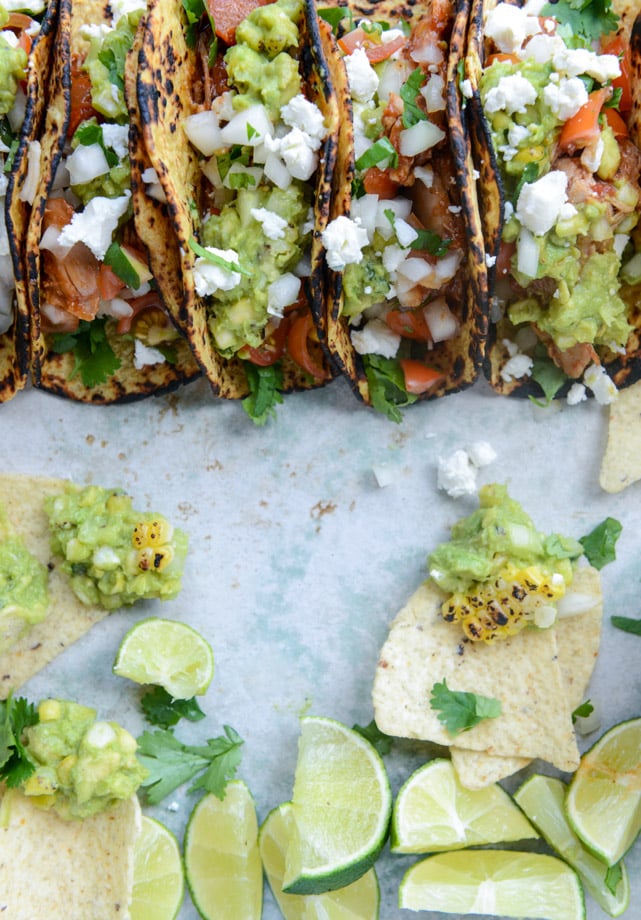chicken tinga tacos with grilled corn guacamole by @howsweeteats I howsweeteats.com