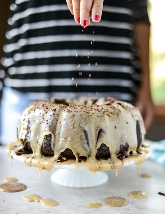 chocolate fudge cake with caramel cream icing I howsweeteats.com