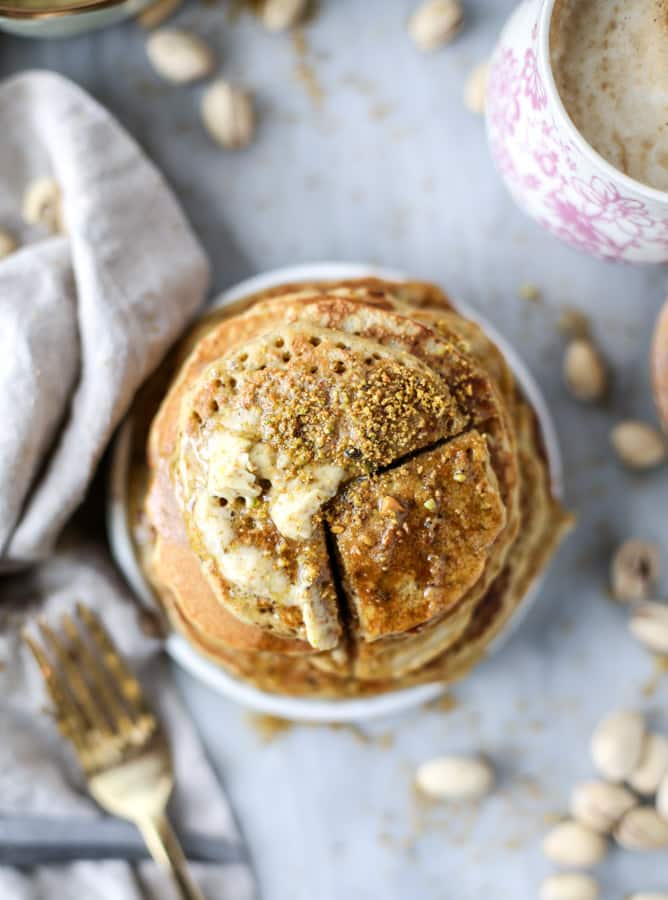 pistachio pancakes with pistachio butter I howsweeteats.com