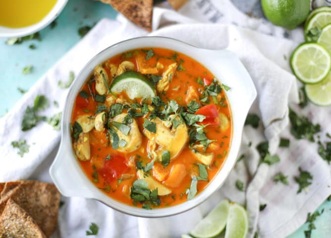 golden chicken coconut soup with spiced pitas I howsweeteats.com