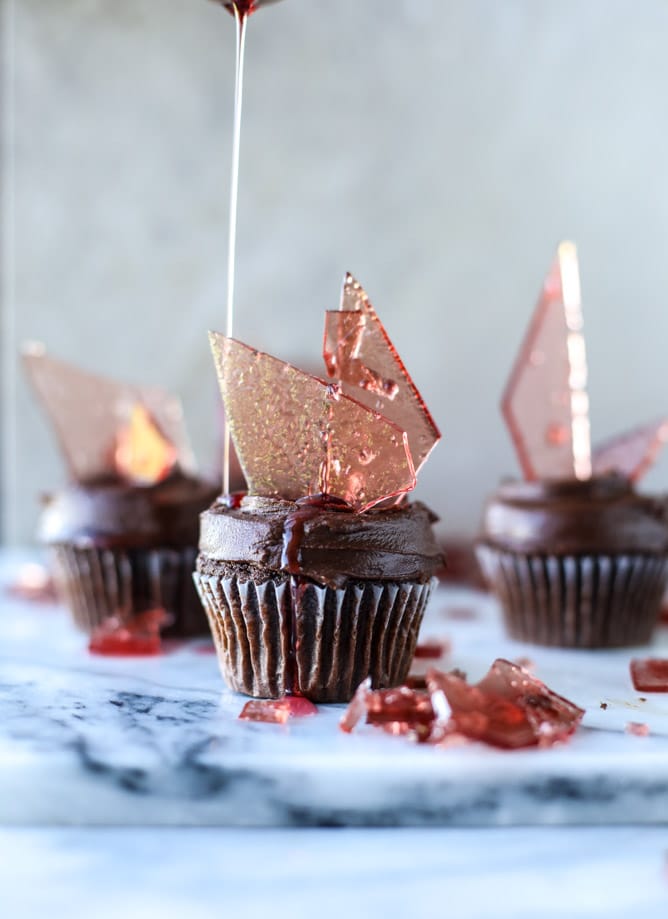 devil's food cupcakes with pomegranate sugar shards I howsweeteats.com
