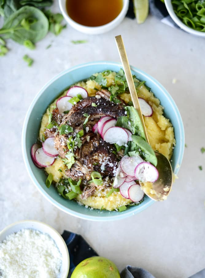 slow cooker maple chipotle pork with cheesy polenta I howsweeteats.com