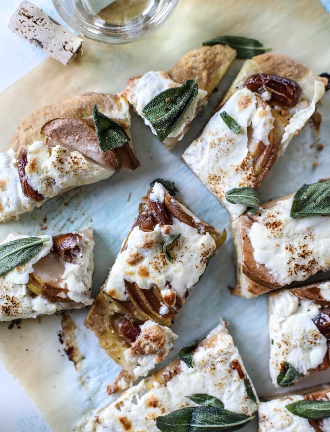 savory pear flatbread with dates, burrata cheese and crispy sage I howsweeteats.com