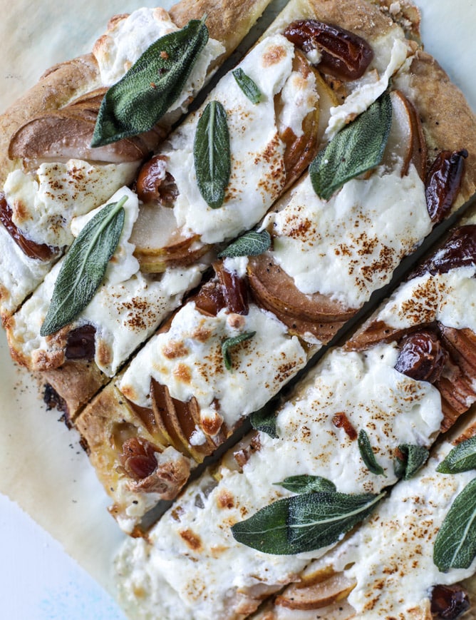savory pear flatbread with dates, burrata cheese and crispy sage I howsweeteats.com