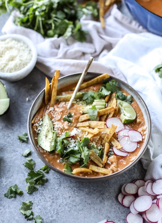 cheesy turkey (or chicken!!) tortilla soup with crispy tortilla strips I howsweeteats.com 