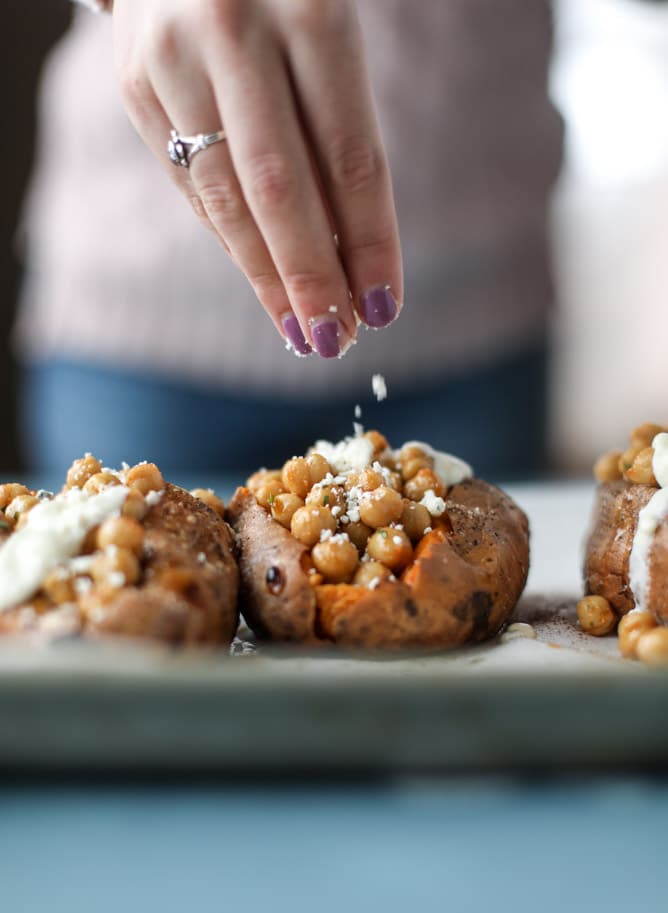slow roasted sweet potatoes with garlic chickpeas and blue cheese sauce I howsweeteats.com 